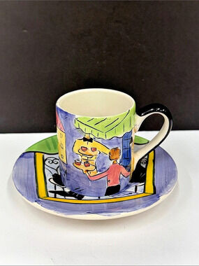 Canhome Hand Painted Thailand Café Scene Cup & Saucer – Whimsical Art